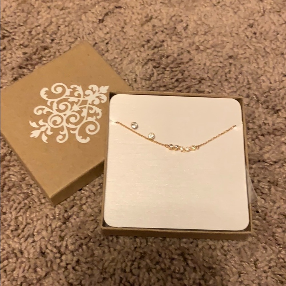 Gold tone adjustable necklace with stud earrings